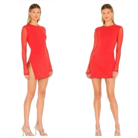 SUPERDOWN XXS Red dress long sleeve mesh with side slit - Picture 1 of 7